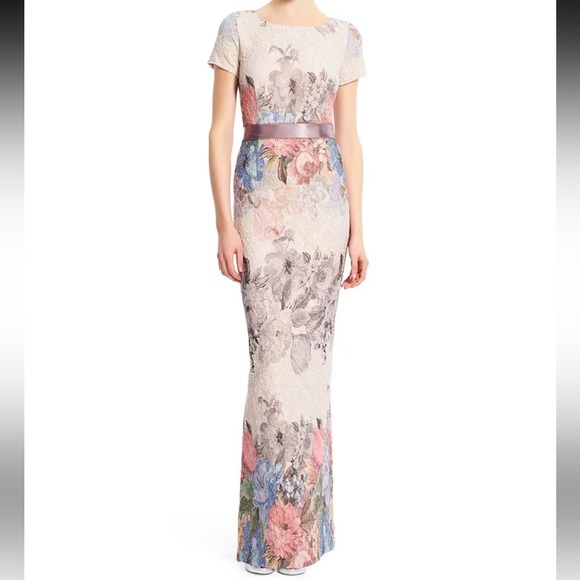 BHLDN Adrianna Papell Blush Floral Matelasse Colum Gown | Wedding Dress - Picture 10 of 14